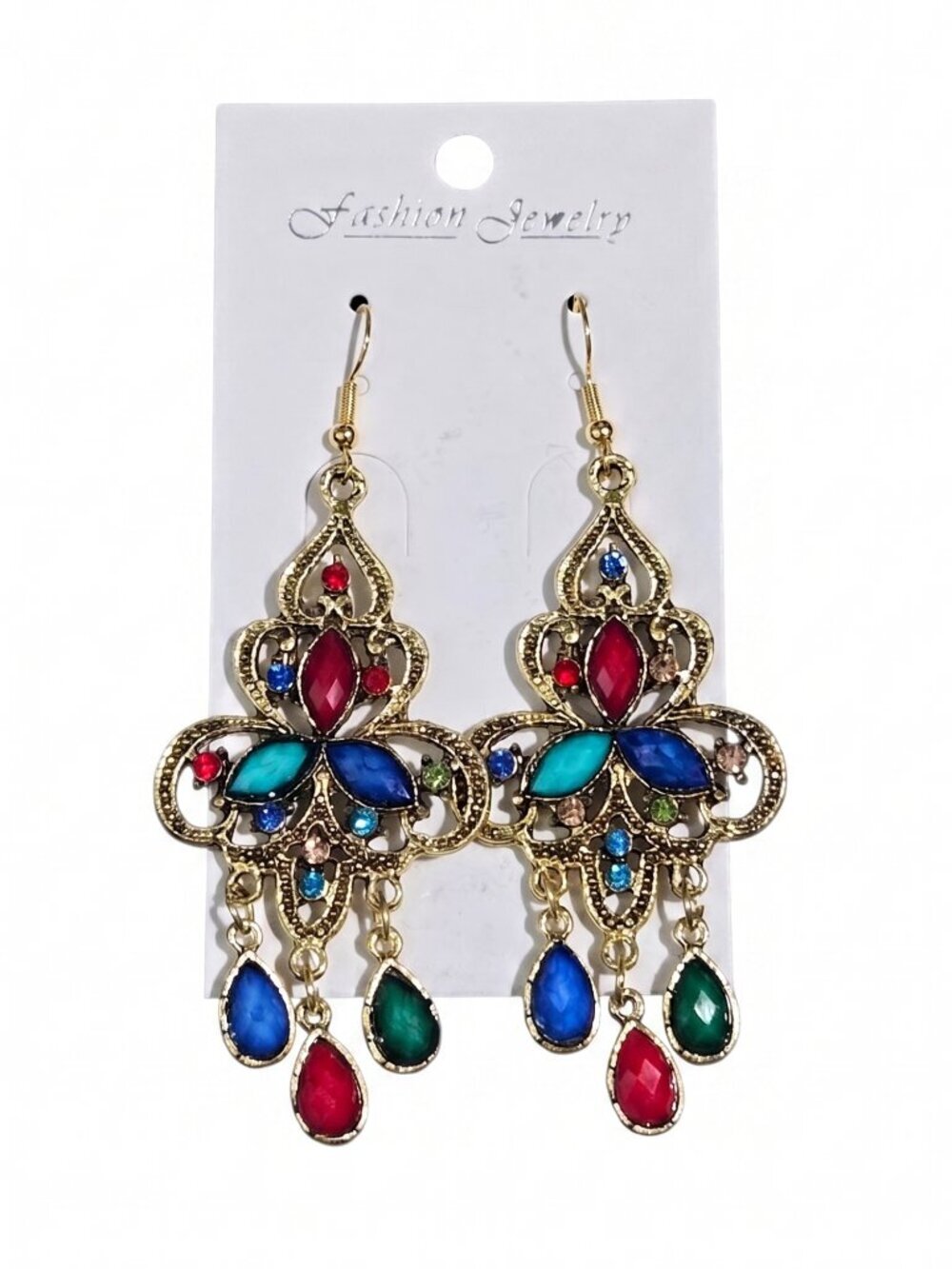 3/$20 NWT | Multi Color Jewel Antique Gold Chandelier Drop Earrings Boho | OS
